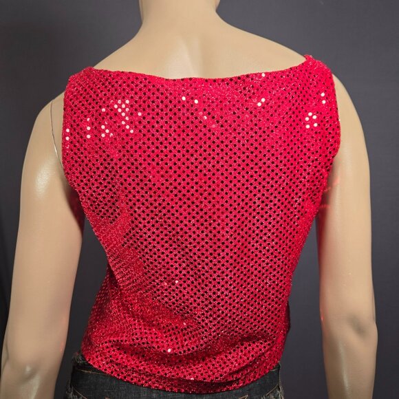 Vintage 90s Red Sequin Shimmer Top Size M Sleeveless Party Going Out Rave - Picture 3 of 5